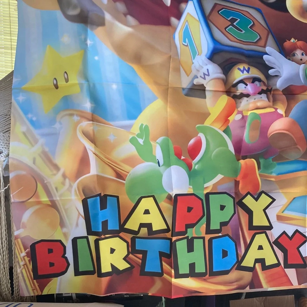 Super Mario Brothers Happy Birthday Banner with Hanging Adhesive 5 x 3 Feet